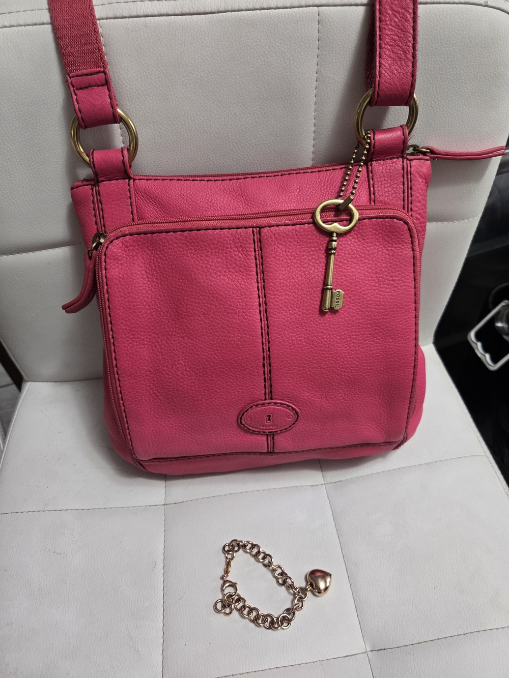 Set Fossil Hot Pink Pebbled Leather Crossbody with Fossil  Gold Bracelet Key